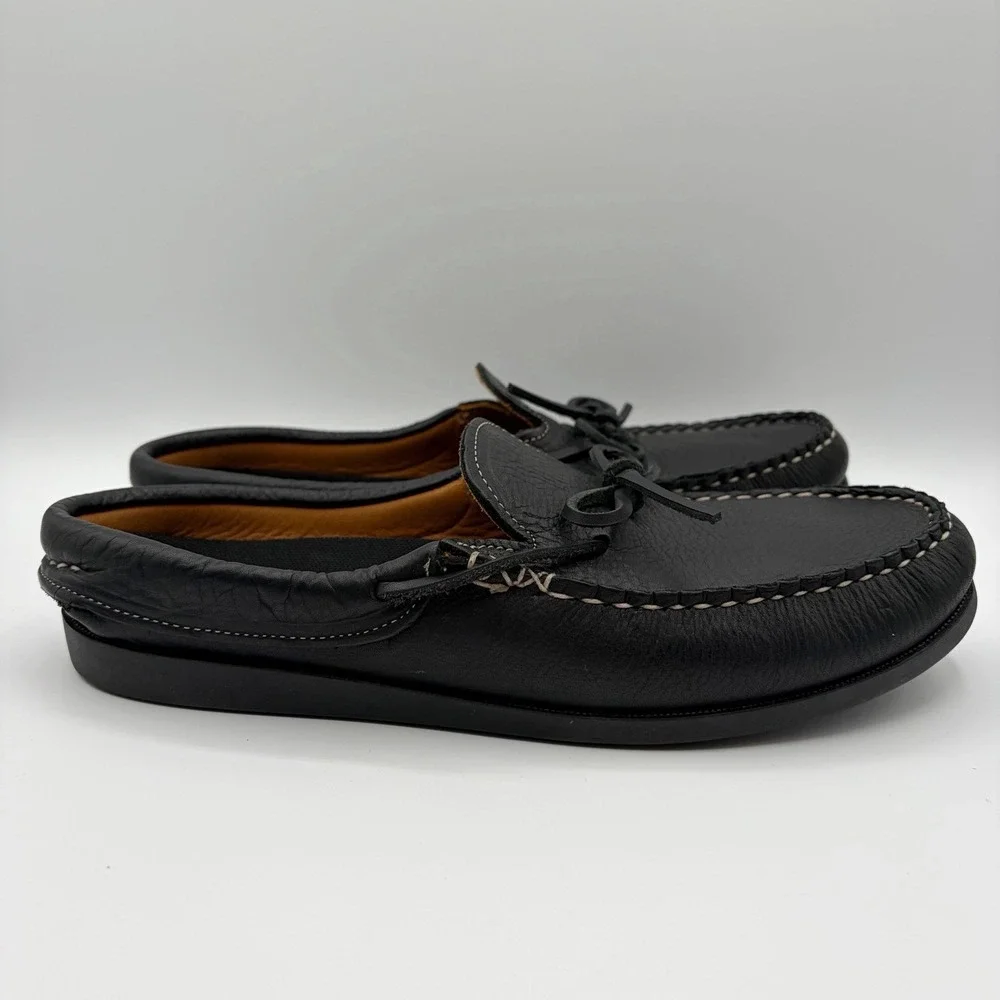 Easy Moc Mens Handmade In USA Black Leather Vibram Slip On Boat Shoe Sandal 10.5